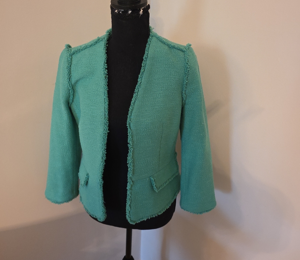 Women's Green Spring Tweed Open-Front Jacket.  Ann Taylor. Size 2P.